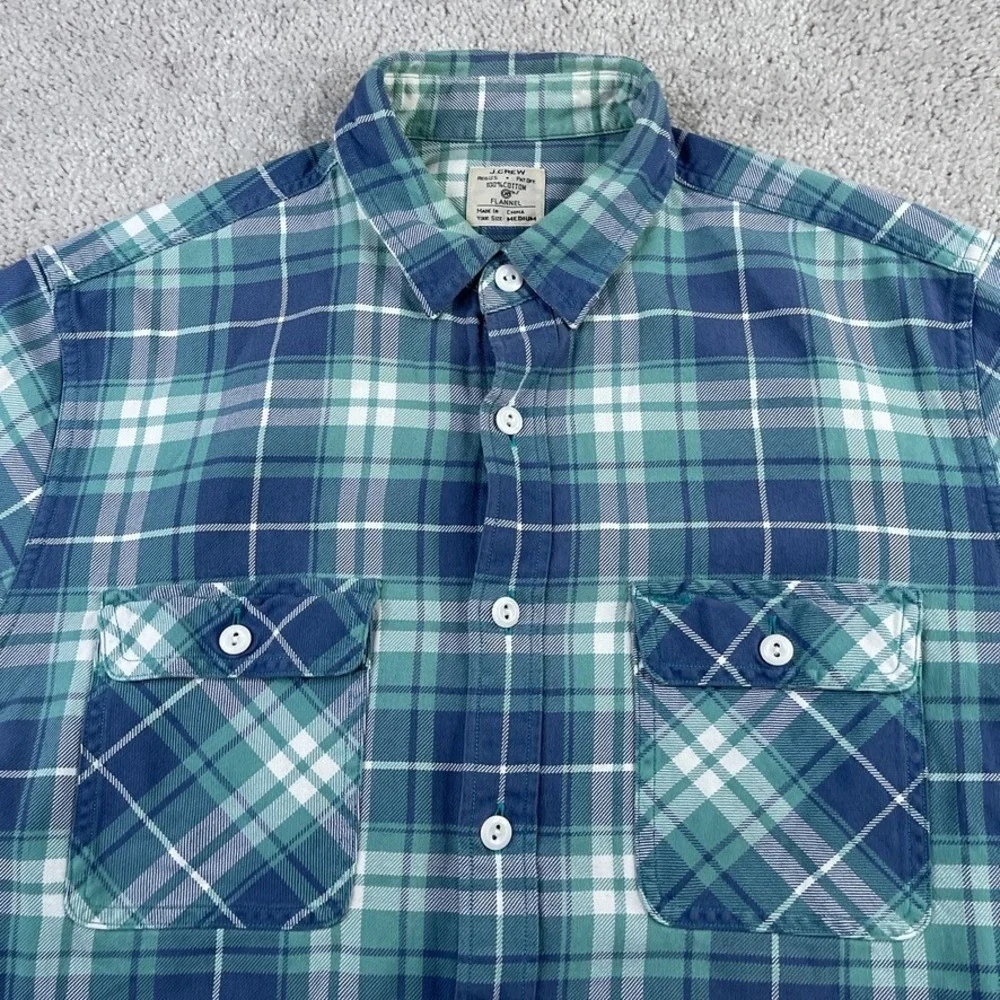 J‎ Crew Shirt Mens Medium Blue Green Plaid Flannel Workwear Button Up